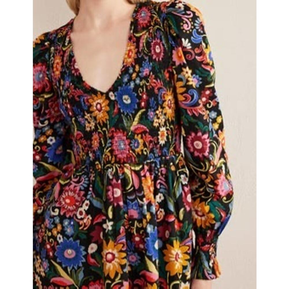 Boden Floral Smocked Cotton Mini Dress Long Sleeve Black Boho Size 12 - Picture 3 of 7